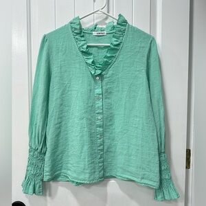 Self Contrast Pastel Green Long Sleeve Ruffled Blouse
